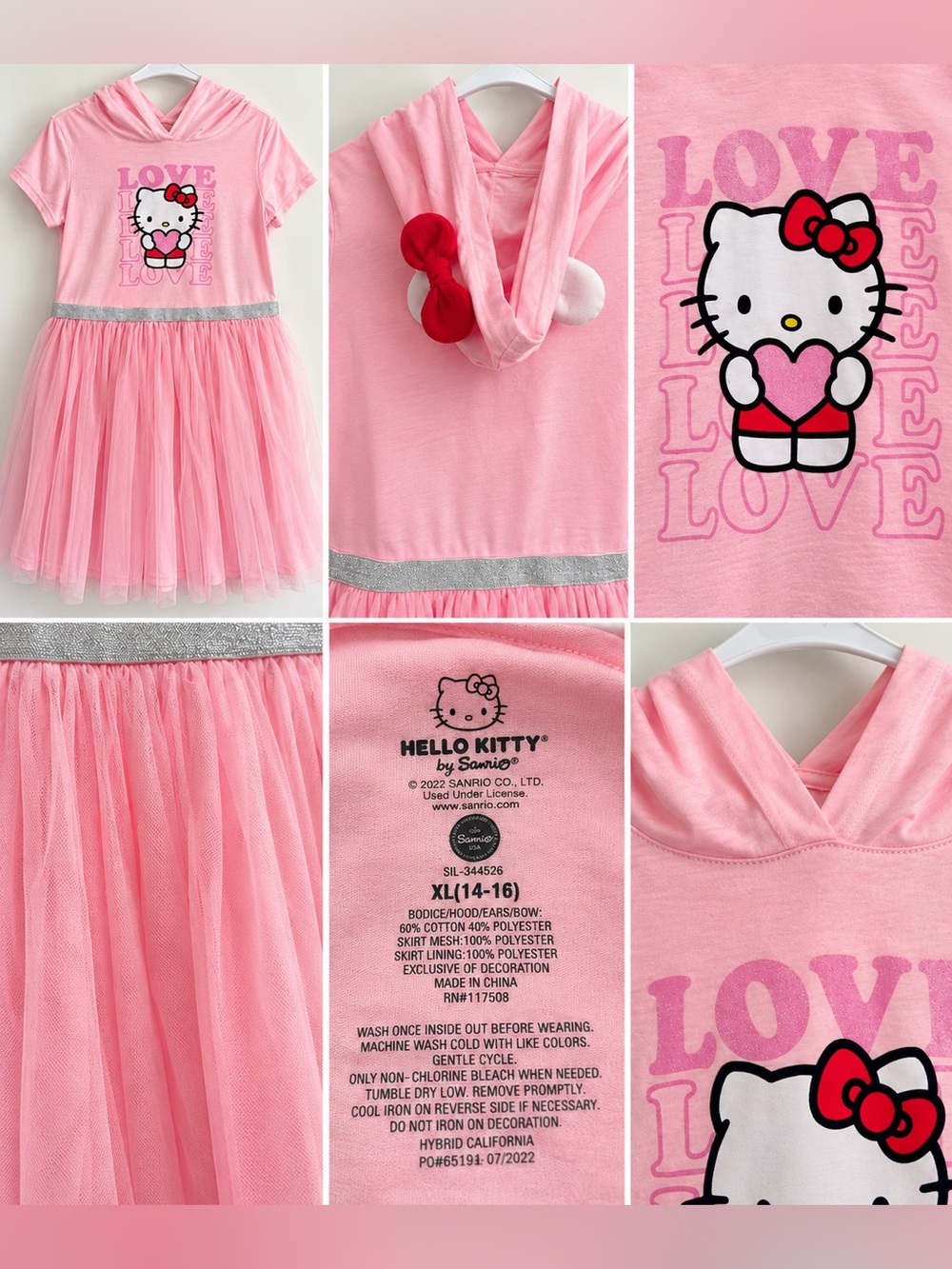 Hello Kitty Sanrio Pink Hooded Tulle Tutu Dress Girls XL 14-16 2022